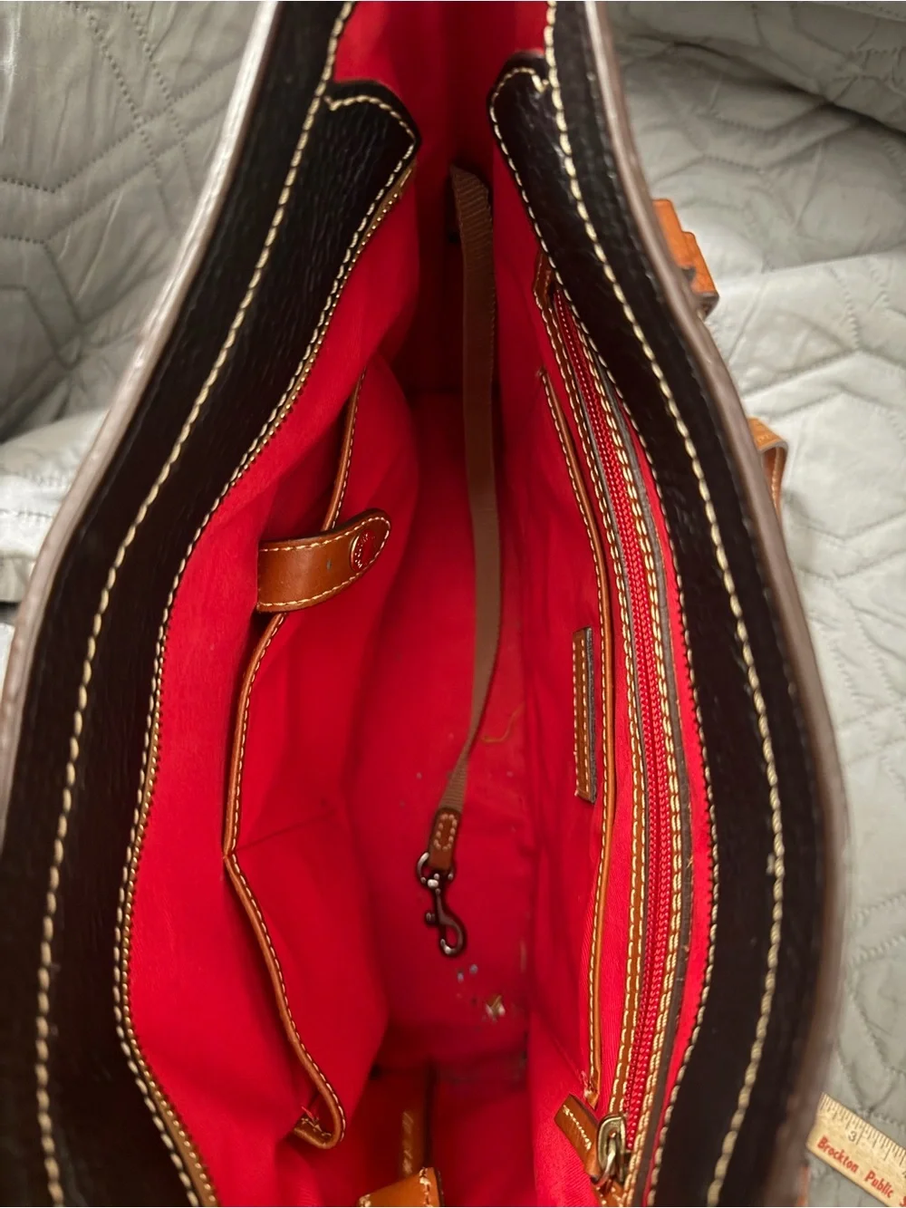 Dooney & Bourke Black Pebbled Leather Tote with Tan Straps